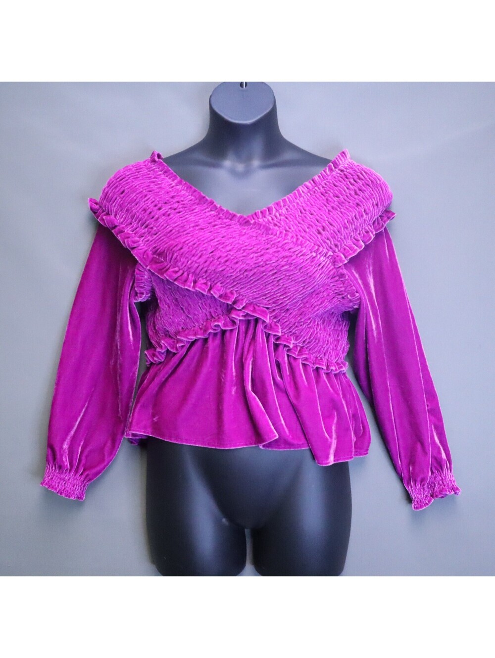 BTFL-life Magenta Purple Velvet Smocked Peplum Blouse Womens Large Ruched Top L